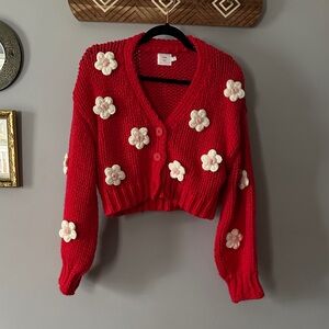 Luna Ivy Cozy Red Cardigan with Floral Accents
